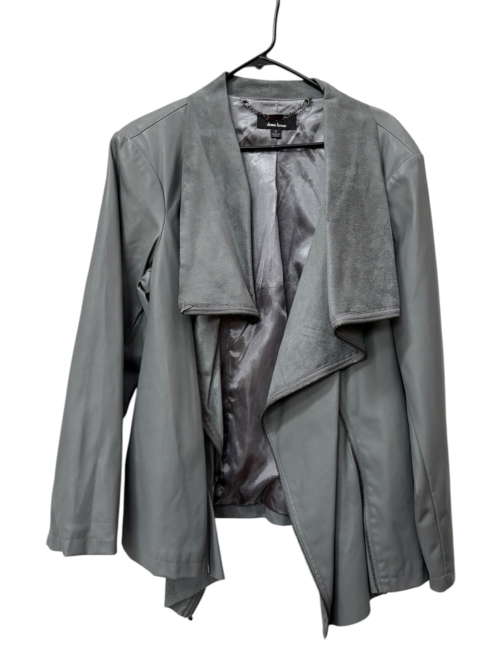 Dennis Basso size 1X Gray Draped Faux-Leather Jacket Moto Motorcycle zip zipper